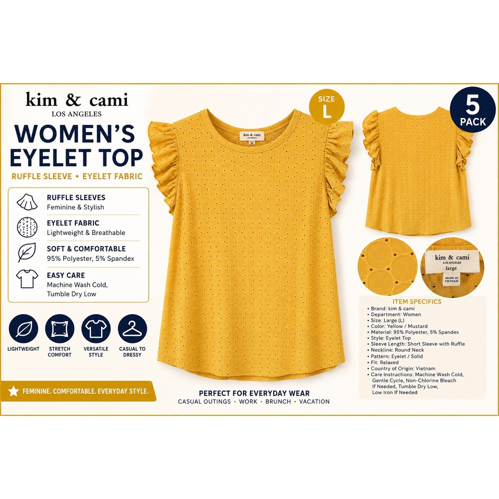 Kim & Cami Mustard Yellow Eyelet Ruffle Sleeve Top Large A2077-D407